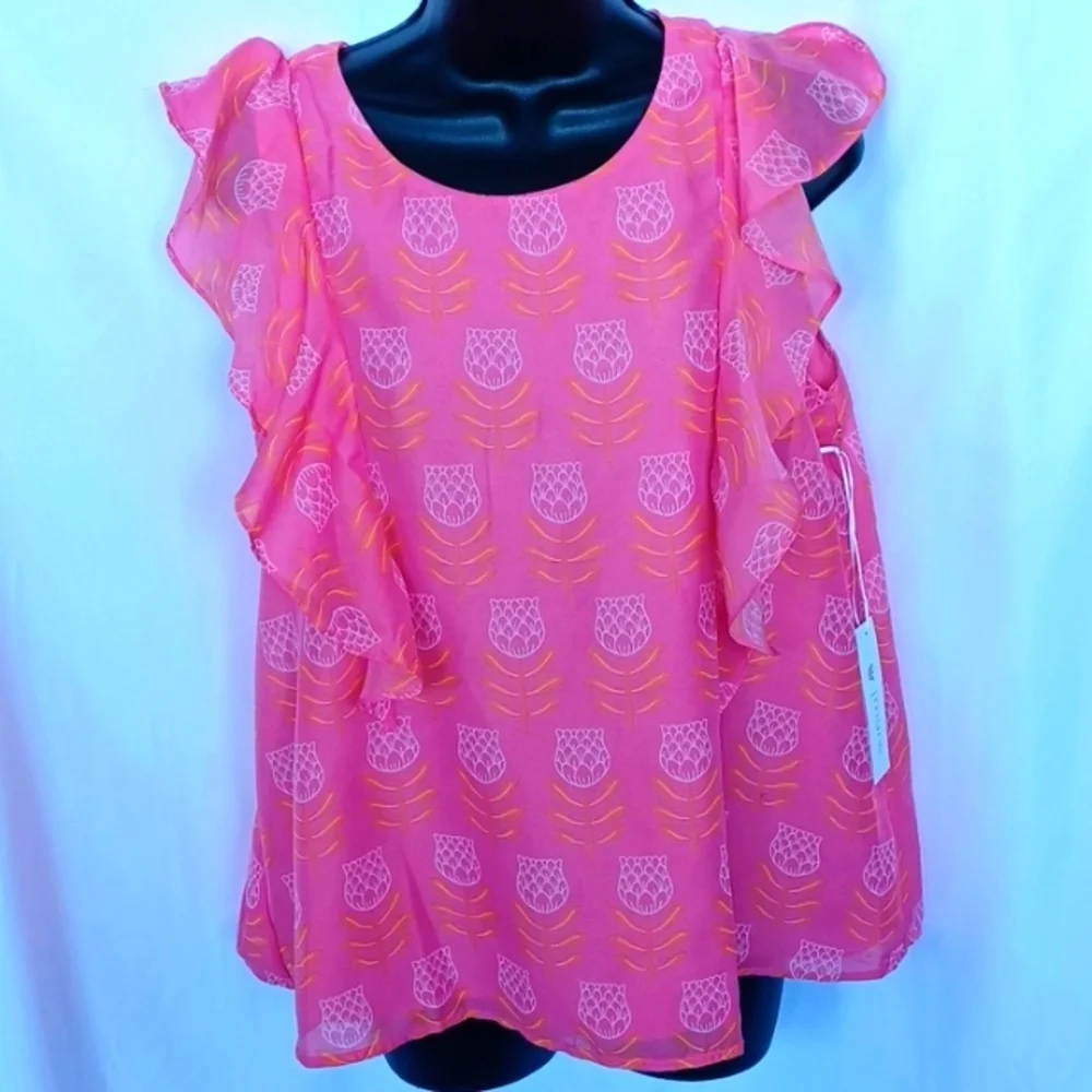J. Marie Pink Orange THE EMMIE Maeve RUFFLE TOP, Lined, M, 19